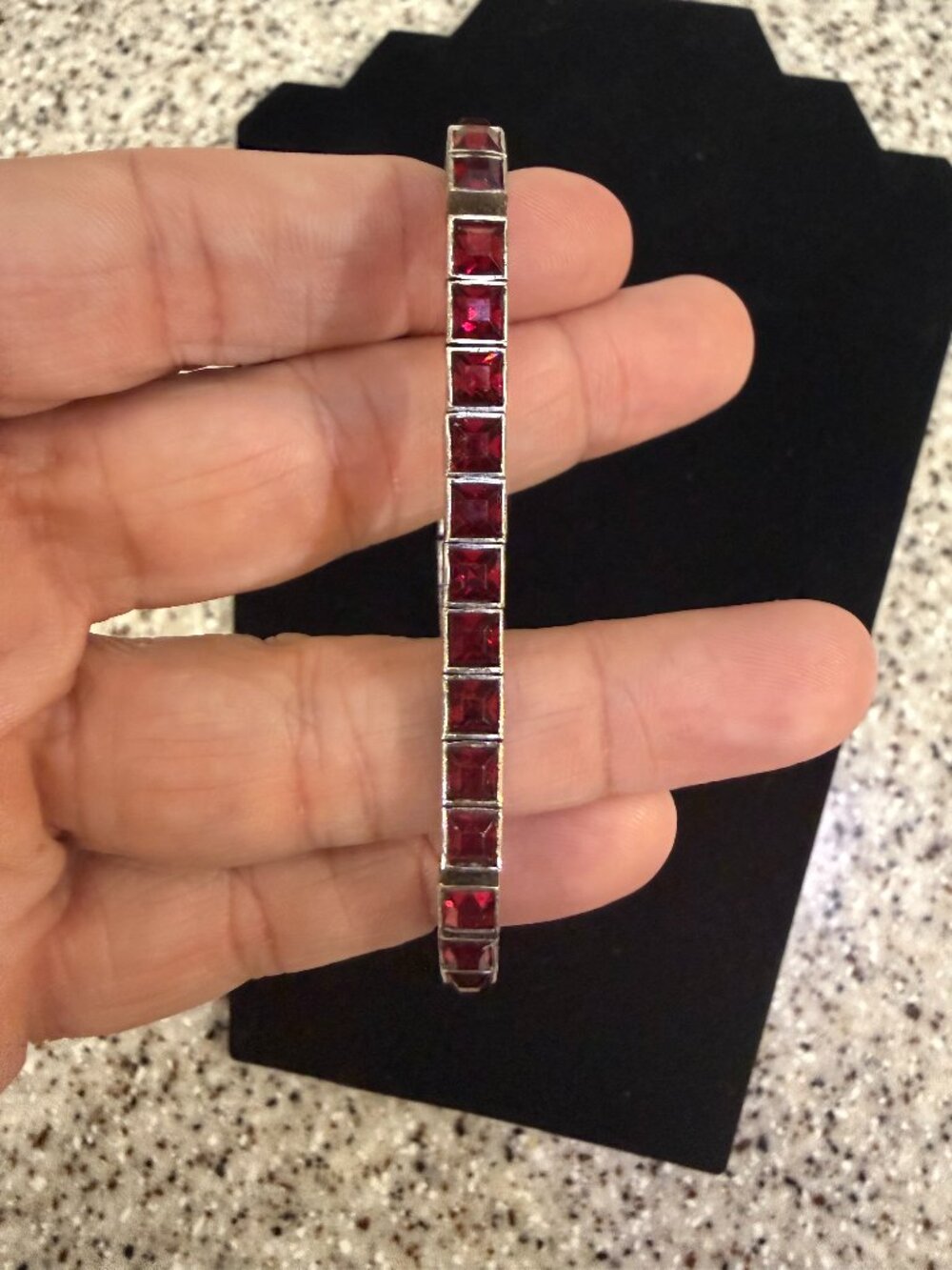 vintage sterling silver bracelet featuring red gemstones, Art deco